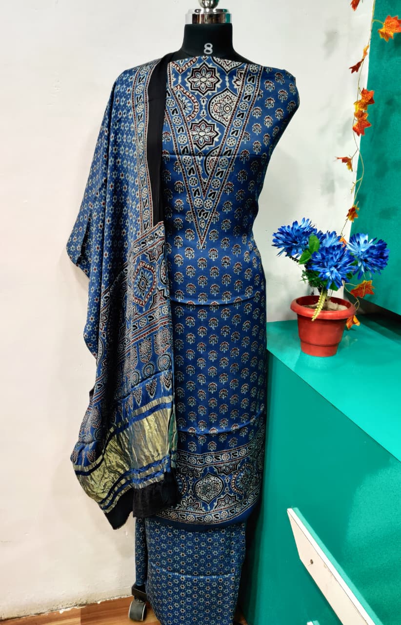 Ajrakh block print textile in indigo and mustard